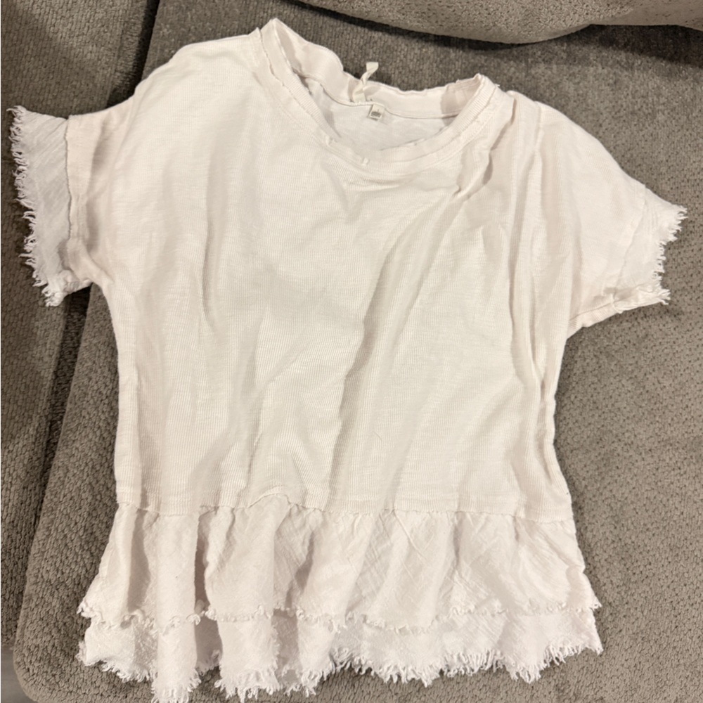 Grey State White Frayed Hem Top
